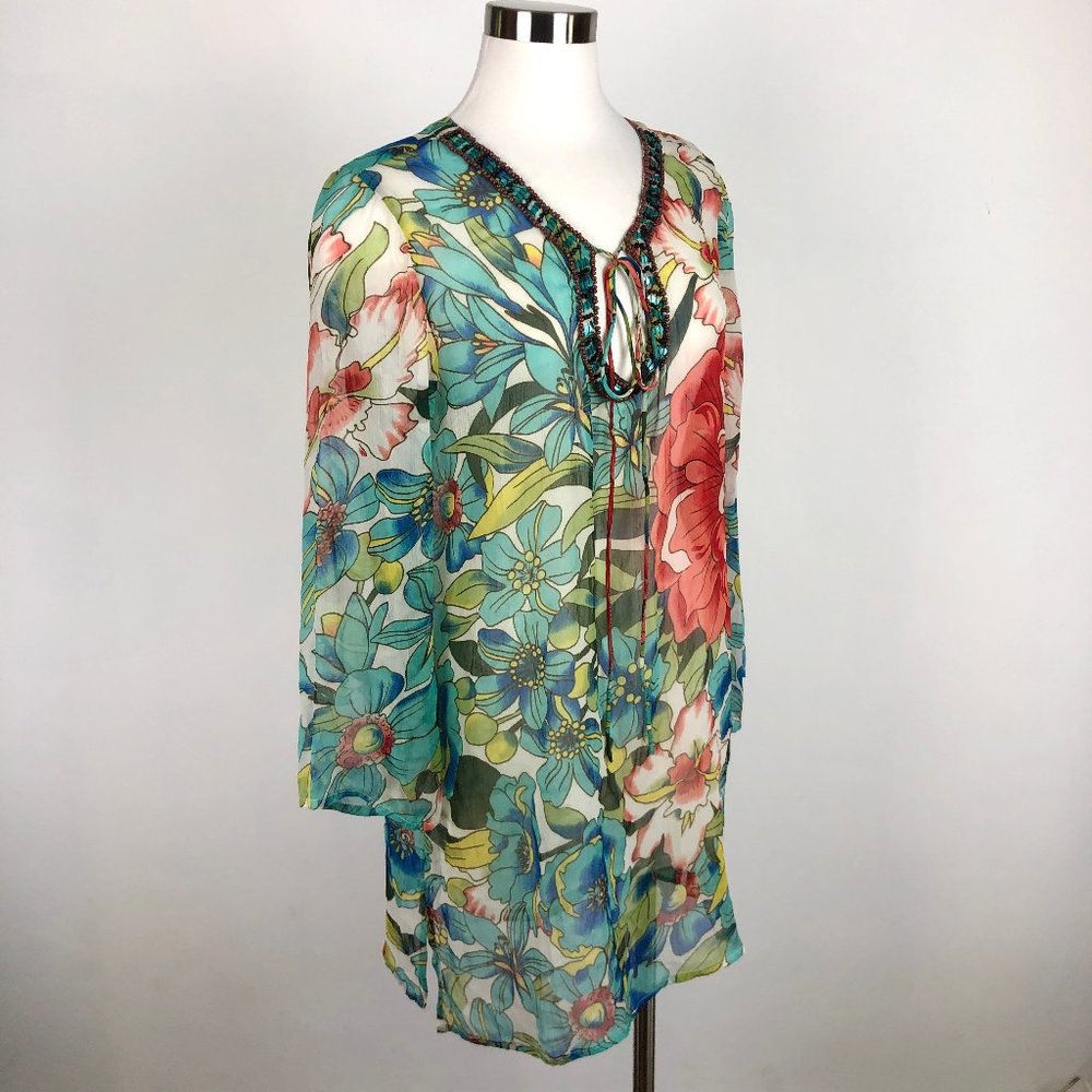 Club Z Collection Floral Sheer Beaded Sequins Keyhole Coverup Top Tunic Size L